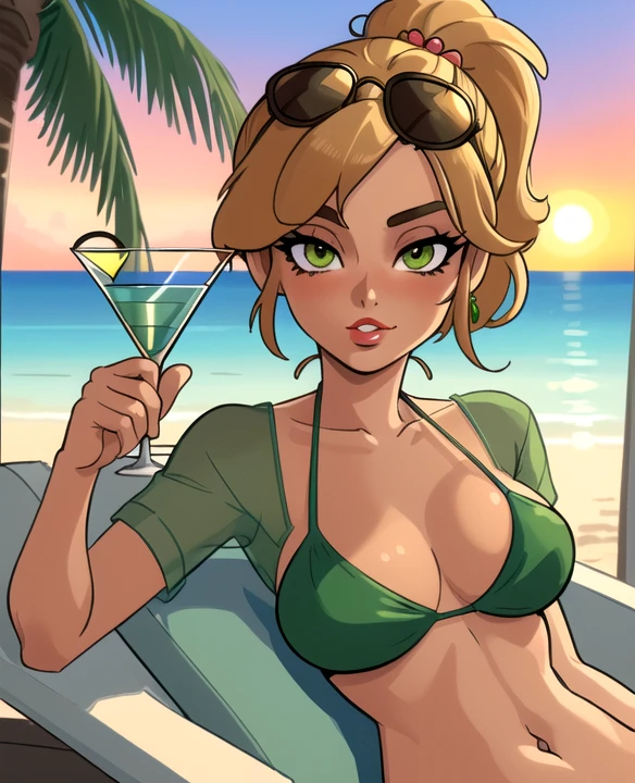 (best quality:1.3), (4K quality),masterpiece, best quality, high res, detailed, (Detailed face:1.2), (Detailed eyes:1.2), (Hourglass figure:1.2), CARTOON, ANIME, CARTOON ARTSTYLE, 1girl, solo, 36-years-old, tan olive skin, short blonde hair, pony tail style, emerald eyes, eyeshadow, mascara, red lipstick, puckered lips, ((Wearing a flossing green bikini and sunglasses)), walking, ((holding a martini glass in one hand)), beautiful beaches, palm trees, beach resort, recliners, laying down on recliner, beach vacation, summer getaway, relaxed atmosphere, cinematic lighting, sunset, detailed background,