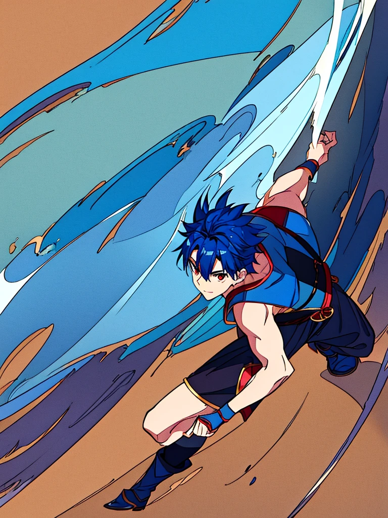 MALE Character, Boy, Blue Hair, Red Eyes, Wizard outfit, Warrior clothes, Isekai World Background