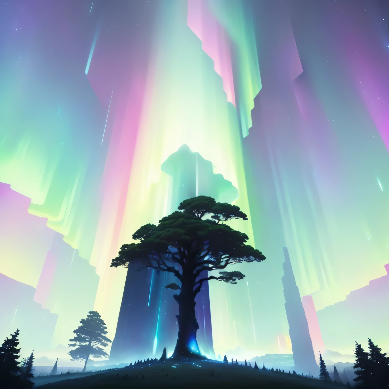 Close-up of a tree with the sky and aurora borealis in the background, Just a joke, inspired by Christopher Balaskas, Background Art, by Christopher Balaskas, Beeple Art, artgem and Beeple Masterpiece, Inspired by Cyril Rolland, Beeple Color, Beeple Artwork, Ross Tran. Landscape Background, Beeple Masterpiece、Make the big tree bigger