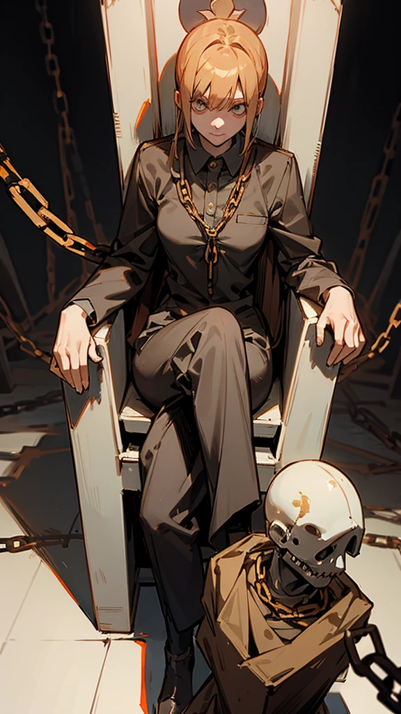 Makima (chainsaw man), sitting on a throne over corpses, with chains in her hand