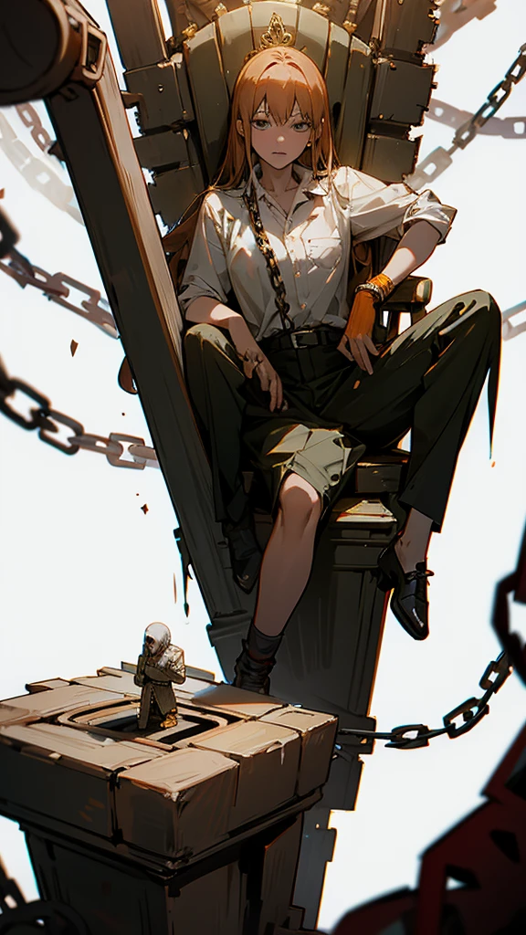 Makima (chainsaw man), sitting on a throne over corpses, with chains in her hand