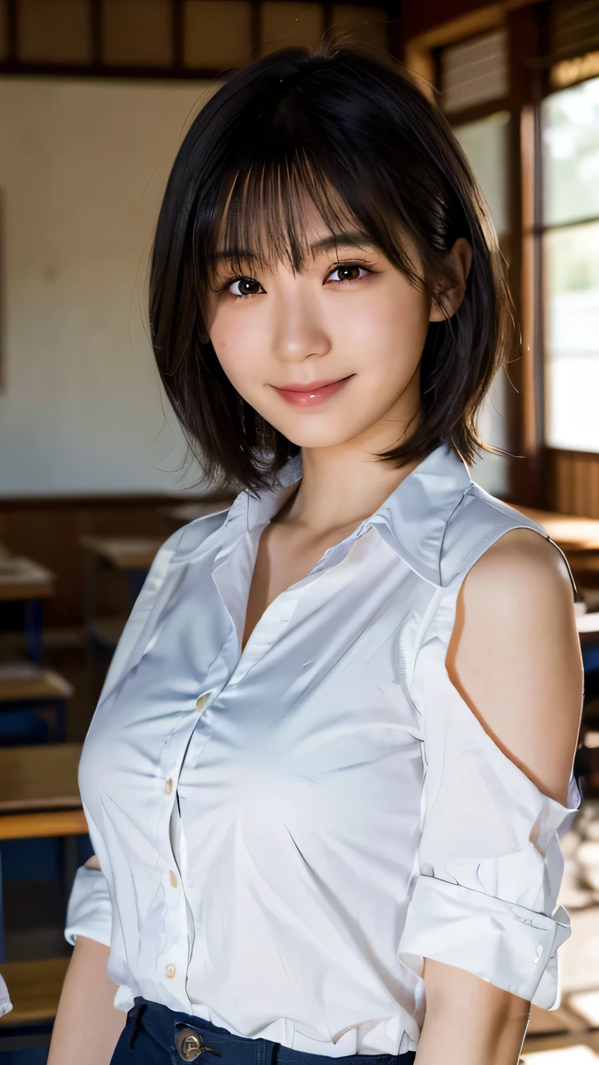 (Highest quality,masterpiece:1.3,Ultra-high resolution),(Very detailed,Caustics,8K), (Realistic:1.4, RAW shooting),evening,Sunset sky,Dimly lit classroom,Japanese,20-year-old,smile,Black hair medium hair,(White shirt),Big Breasts,Bust up shot,Natural light