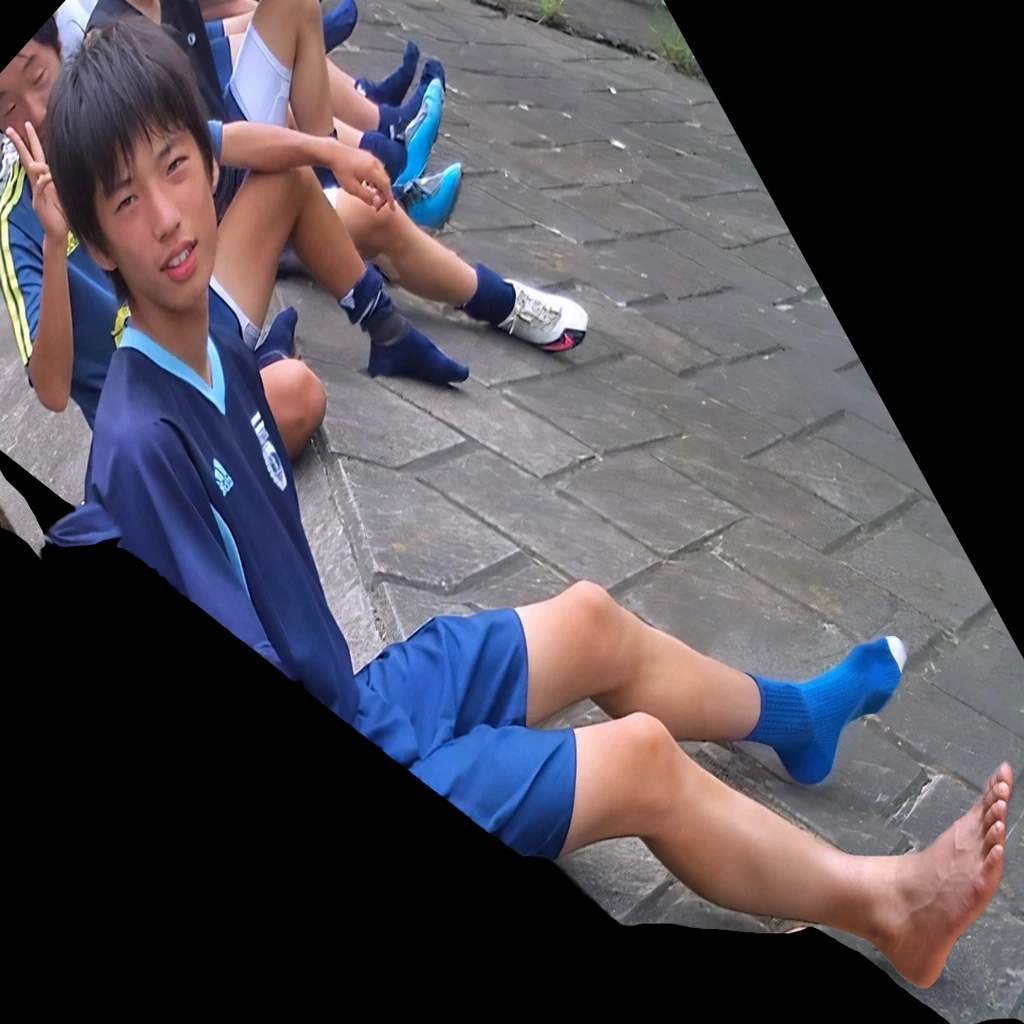 Remove the blue sock on the boy&#39;s left foot and replace it with a bare foot, just like his right foot.。Compensate for the black area at the bottom left of the screen