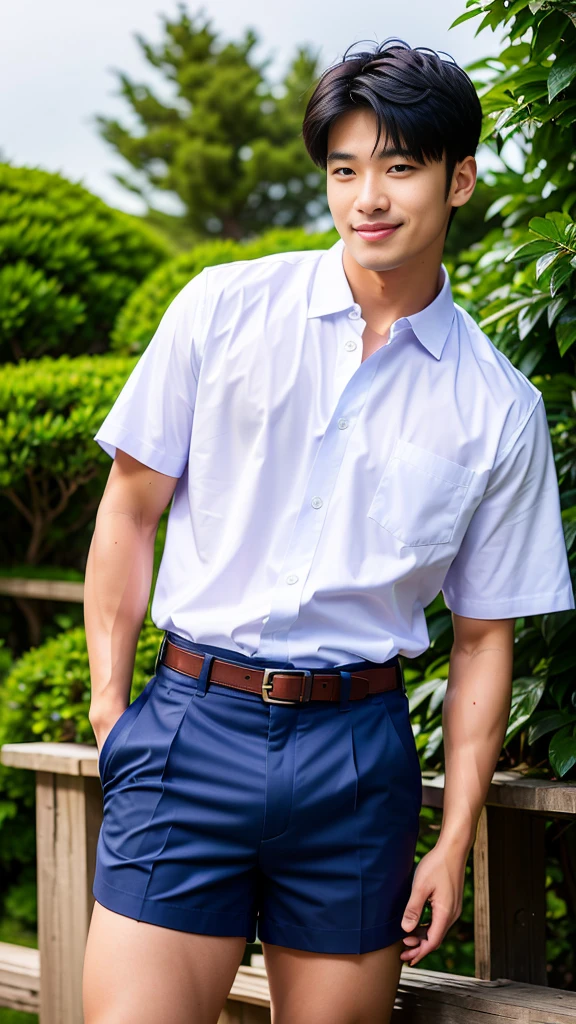 (Create a masterpiece: 1.2),(CGI art:1.3),(realistic:1.5),(After processing:1.3),(Sharp focus:1.3),10,1 man, smile, (Wear a white school shirt.), (Dark blue shorts:1.2),brown belt, Korean guy , korean men, (High gloss details), chest muscles, large arm muscles, blood vessel, Big muscles, Broad shoulders, looking at the audience, Balancing the eyes, forest, mountain, (Make eye contact)