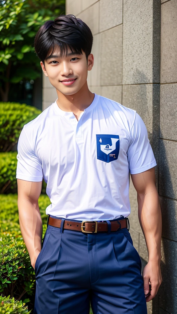 (Create a masterpiece: 1.2),(CGI art:1.3),(realistic:1.5),(After processing:1.3),(Sharp focus:1.3),10,1 man, smile, (Wear a white school shirt.), (Dark blue shorts:1.2),brown belt, Korean guy , korean men, (High gloss details), chest muscles, large arm muscles, blood vessel, Big muscles, Broad shoulders, looking at the audience, Balancing the eyes, forest, mountain, (Make eye contact)