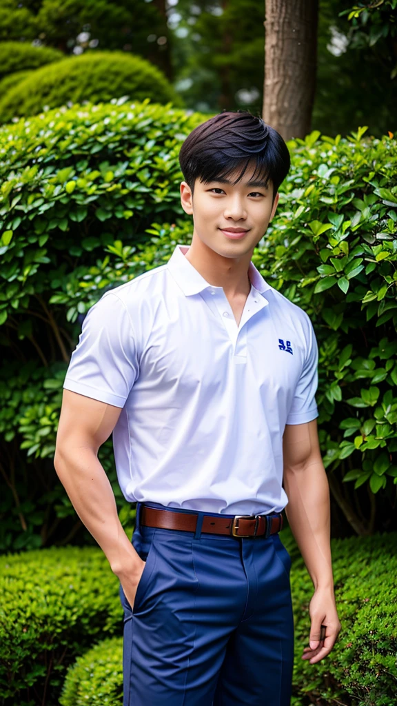 (Create a masterpiece: 1.2),(CGI art:1.3),(realistic:1.5),(After processing:1.3),(Sharp focus:1.3),10,1 man, smile, (Wear a white school shirt.), (Dark blue shorts:1.2),brown belt, Korean guy , korean men, (High gloss details), chest muscles, large arm muscles, blood vessel, Big muscles, Broad shoulders, looking at the audience, Balancing the eyes, forest, mountain, (Make eye contact)