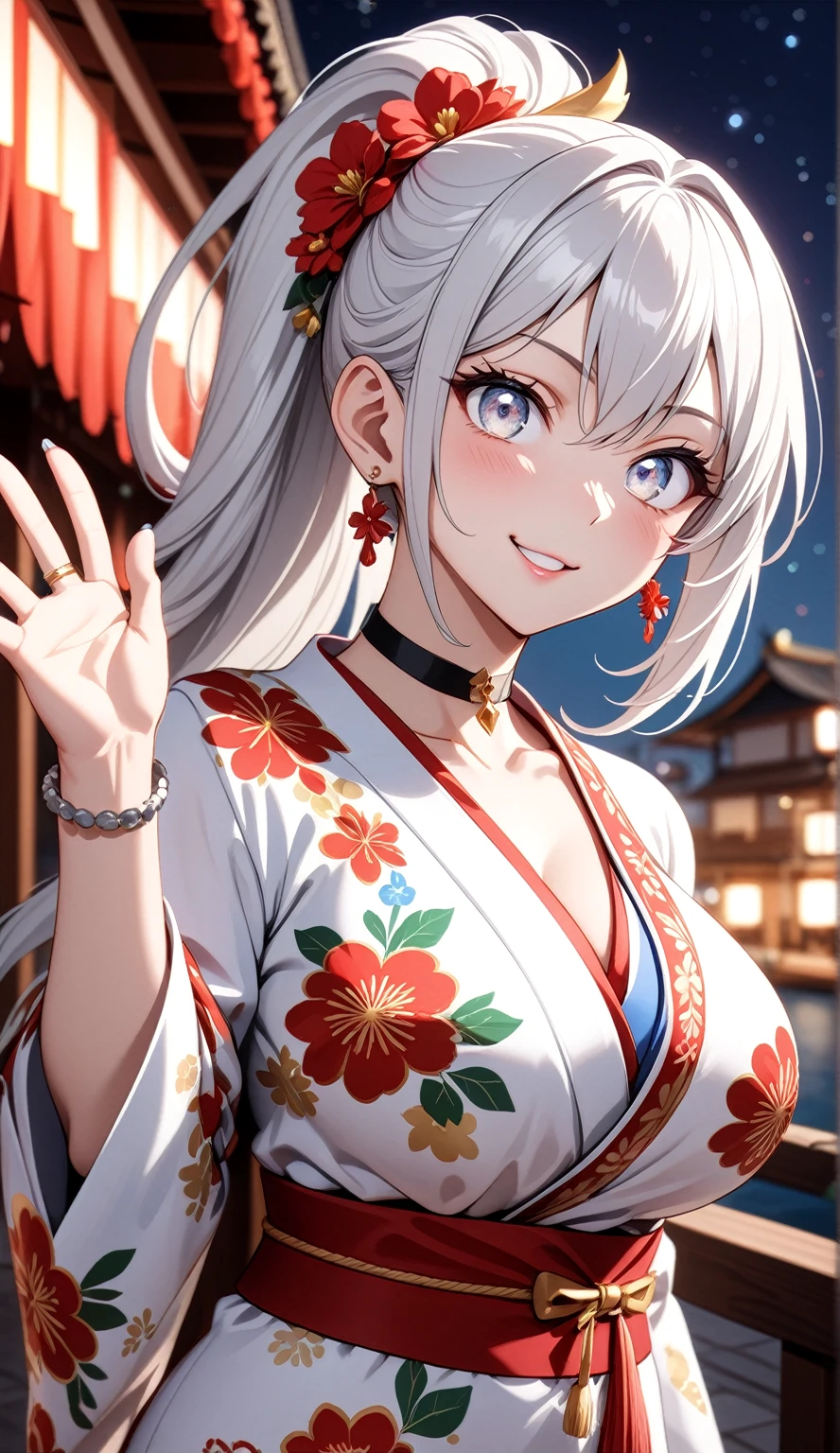 ((One personの女性)), Beautiful Face, ((waving at viewer:2.1)),Laughing embarrassedly,((Wink:2.0)),Laugh with your mouth wide open((Bright red cheeks:1.4)),Shiny red lips,night,rooftop,Festive decorations,You can see the ocean, firework,Laughing with your mouth open,Glossy pink lips,Lighting on the face,((Anime style background)),masterpiece, Highest quality, so beautiful,Latest, Complex details, (Pink long nails),(ring),(bracelet),(choker),AI-generated, Complex,High resolution, Highest quality, super high quality,3D Images、3D Images,One person,Long white hair,High Ponytail,(blue eyes),Anime woman posing for a photo, ((Fine grain、Silvery white colorful eyes、Shining Eyes:1.4)),(Squint your eyes:1.1),a hyperRealistic , hyperRealistic , Realistic,Anime woman with long and white hair, Smooth anime CG art, A woman in a colorful kimono with gold embroidery, (Black long sleeve kimono),Red floral pattern,Long flower hair ornament,Big earrings,Mature Body,(Big Breasts:1.1),Tall,Abdominal muscles,Narrow waist,(Zoom in on face:1.6),Shooting from an angle