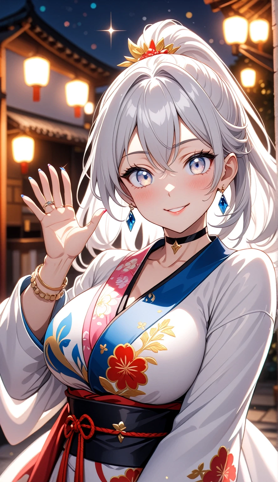 ((One personの女性)), Beautiful Face, ((waving at viewer:2.1)),Laughing embarrassedly,((Wink:2.0)),Laugh with your mouth wide open((Bright red cheeks:1.4)),Shiny red lips,night,rooftop,Festive decorations,You can see the ocean, firework,Laughing with your mouth open,Glossy pink lips,Lighting on the face,((Anime style background)),masterpiece, Highest quality, so beautiful,Latest, Complex details, (Pink long nails),(ring),(bracelet),(choker),AI-generated, Complex,High resolution, Highest quality, super high quality,3D Images、3D Images,One person,Long white hair,High Ponytail,(blue eyes),Anime woman posing for a photo, ((Fine grain、Silvery white colorful eyes、Shining Eyes:1.4)),(Squint your eyes:1.1),a hyperRealistic , hyperRealistic , Realistic,Anime woman with long and white hair, Smooth anime CG art, A woman in a colorful kimono with gold embroidery, (Black long sleeve kimono),Red floral pattern,Long flower hair ornament,Big earrings,Mature Body,(Big Breasts:1.1),Tall,Abdominal muscles,Narrow waist,(Zoom in on face:1.6),Shooting from an angle