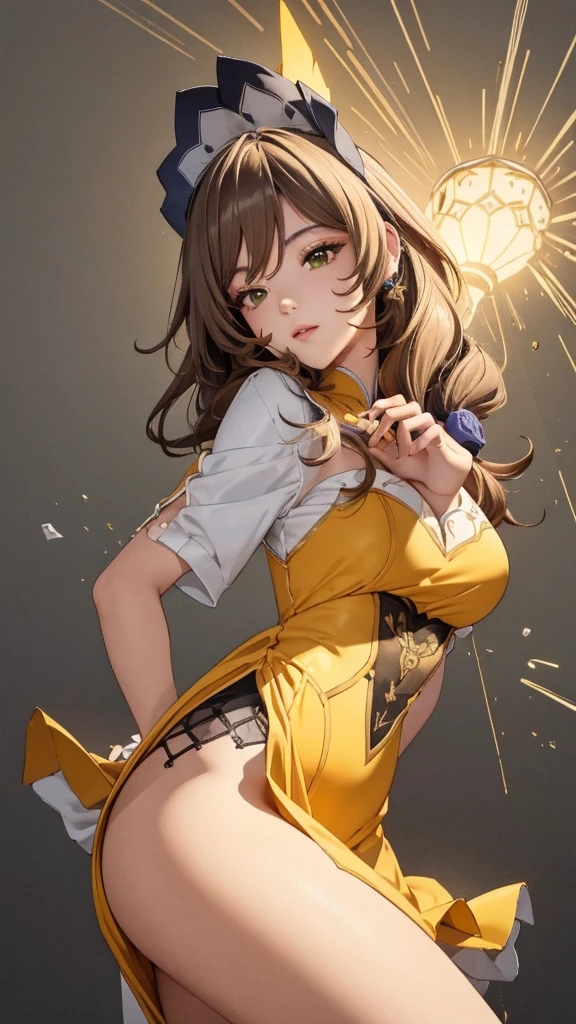 random angle image, brush drawing image, portrait image, beautiful busty Asian female , aged 20, soft skin colour, flowing long light brown hair, yellow slim fit maid dress, dynamic pose, yellow smoke lines behind, white background, 8K resolution