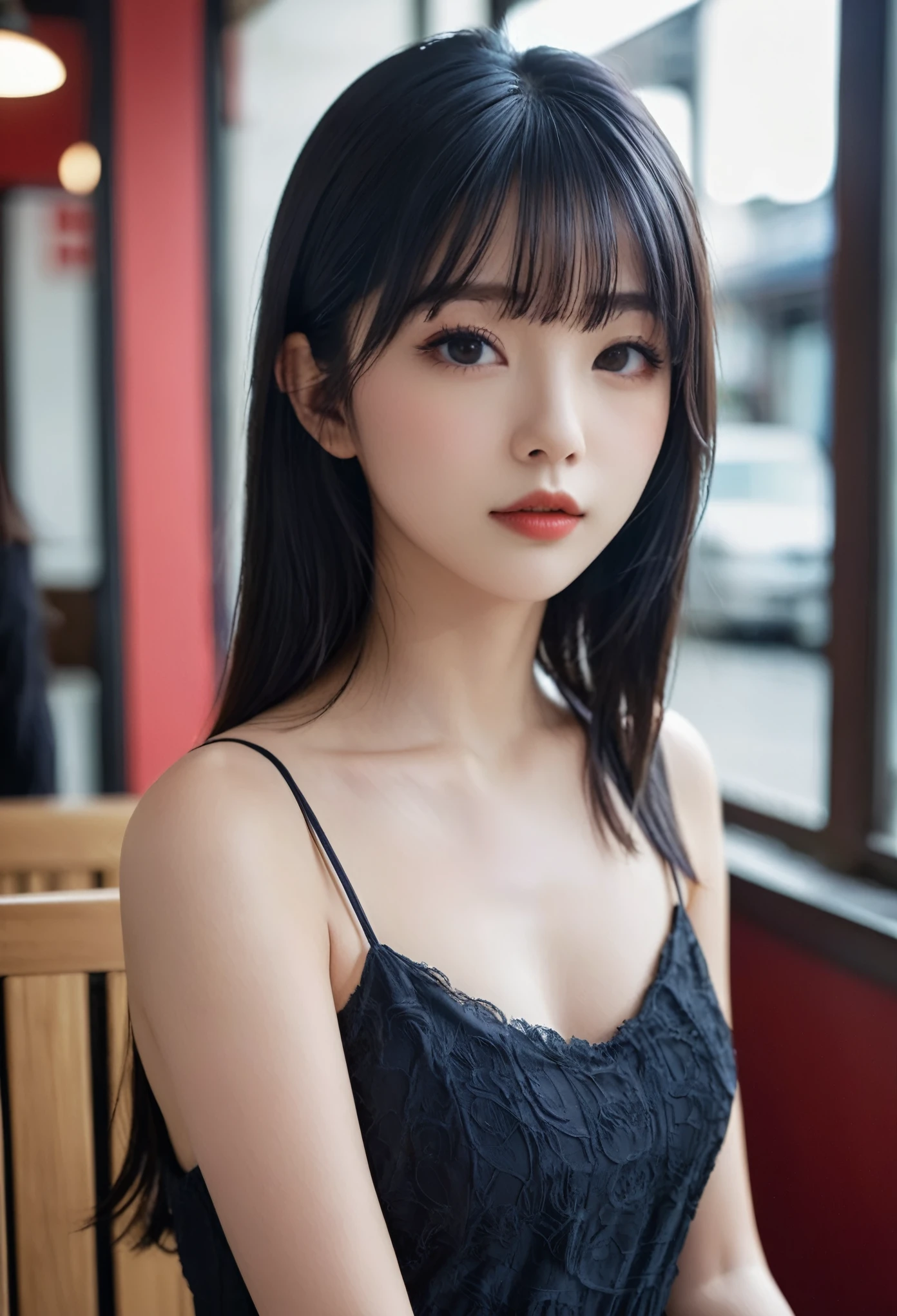 a girl，cute and pretty face，Long straight black hair，Long bangs covering eyes，long eyelashes，(Fine eyes)，small eyes，(half-closed eyes)，(Dark lipstick)，(Dark eyeshadow)，Slim body，Large breasts，Slender limbs，spaghetti strap dress，Inside an old coffee shop，clean focus，shallow Depth of Field，Ultra-detailed faces，very beautiful face，Extremely high texture skin，Look to viewer，little smirk，beautiful legs，seductive，femainine pose，(realistic ，realistic-photo，RAW photo，8K original)，lens flare，film grain，artistic photography，UHD，highres，masterpiece，retina，