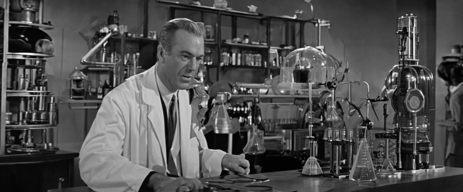 1940s black and white movie scene, classic scifi laboratory, mad scientist and alien helper
