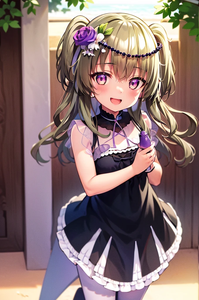 Himari Mei, masterpiece, loli, cute, flat chest, cute and shy smile, highly detailed sparkling brilliant purple eyes, open mouth slightly, standing in summer beach, aquamarine sea, sandy beach, black dress, perfect body, detailed hands, reaching