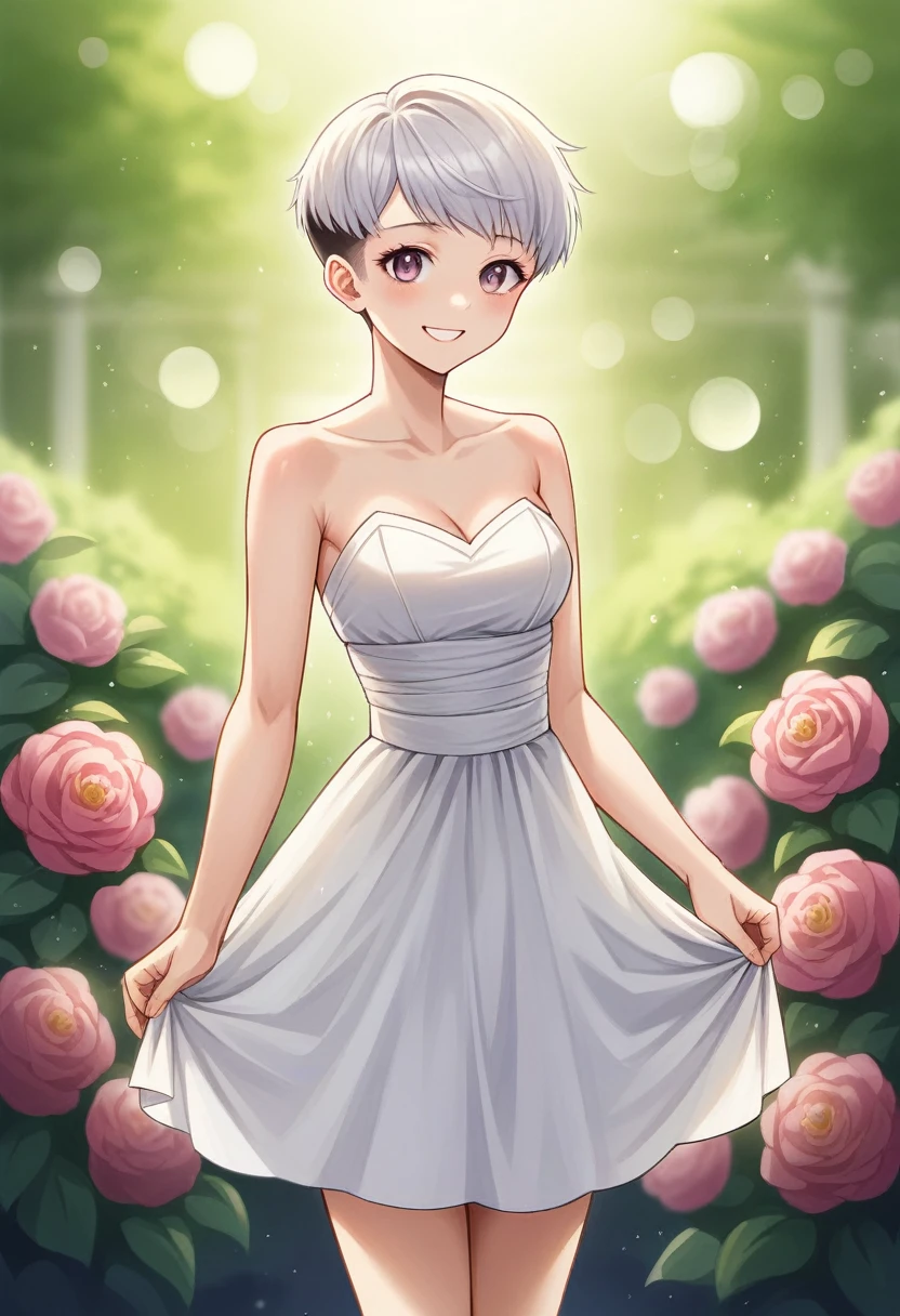 1girl,(RAW photo, best quality), (realistic, photo-realistic:1.4), masterpiece, an extremely delicate and beautiful, extremely detailed, 2k wallpaper, Amazing, finely detail, extremely detailed CG unity 8k wallpaper, ultra-detailed, highres, soft light, beautiful detailed girl, extremely detailed eyes and face, beautiful detailed nose, beautiful detailed eyes,cinematic lighting,perfect anatomy,slender body
wearing a white peplum dress,white skirt,(bokeh:1.2)
at a flower park,sakura flowers,flower garden,standing
smiling,(very short hair,pixie cut:1.3)