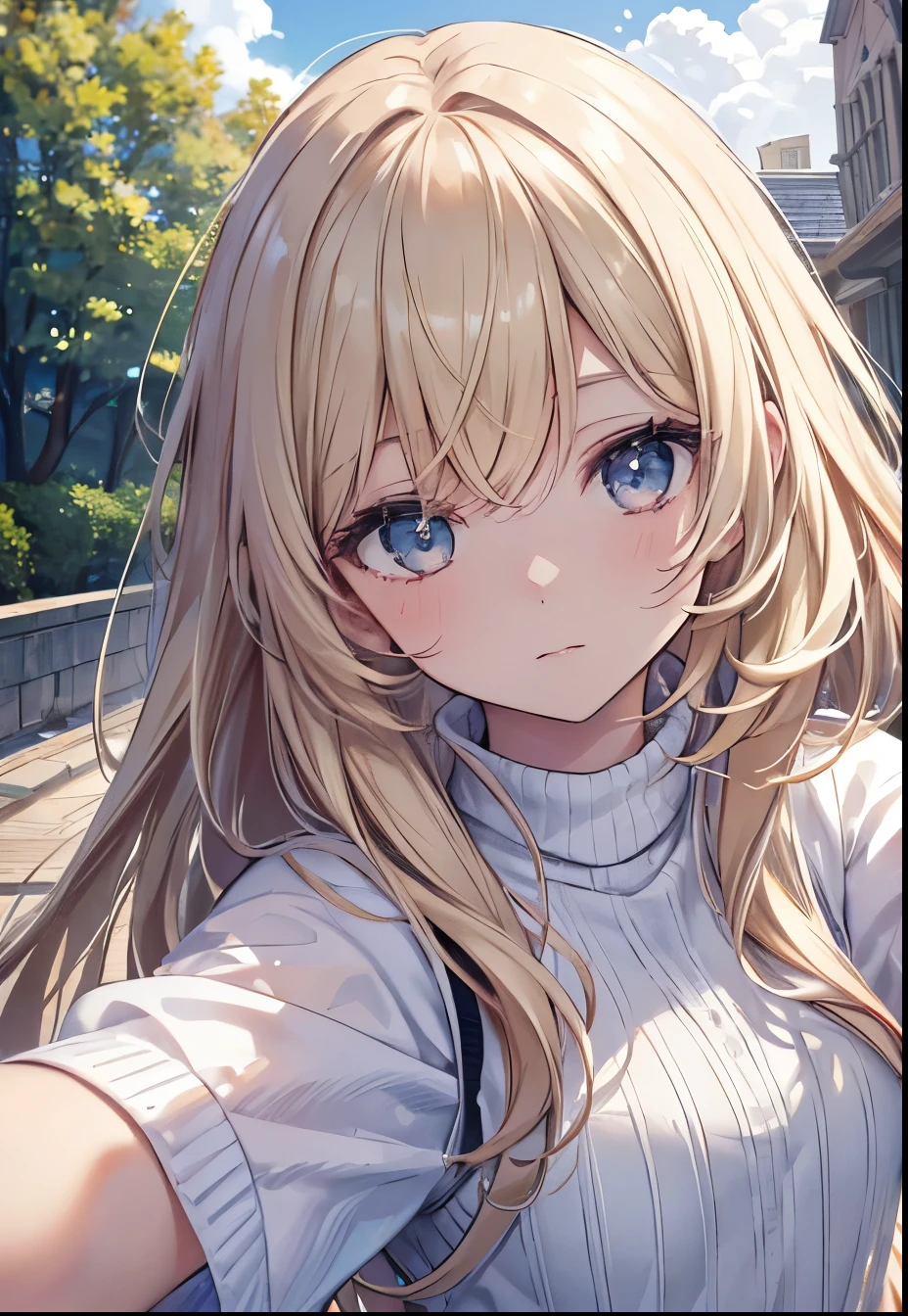 (alone:1.3)), One girl, Highest quality, Genuineistic, Realistic, Highest quality, masterpiece, Very delicate and beautiful, Very detailed, (Selfie:1.2), The finer details, Super detailed, High resolution, Very detailed, Genuineistic, Ultra High resolution, Highest quality, Ultra High resolution, (Genuine:1.4), High-quality texture, Wear a thin white summer knit, On the roof, bangs, Long Hair , Afternoon Light, Wonderful sky and clouds
