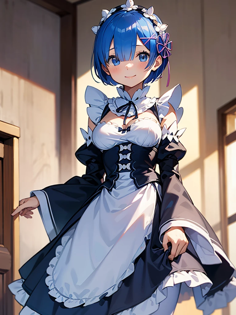 masterpiece, best quality, rem_re_zero, solo, blue hair, medium breasts, 10yo, (petite),
 smile, maid uniform, standing, 