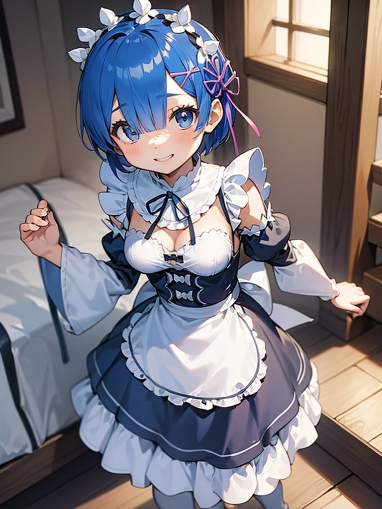 masterpiece, best quality, rem_re_zero, solo, blue hair, medium breasts, 10yo, (petite),
 smile, maid uniform, standing, 