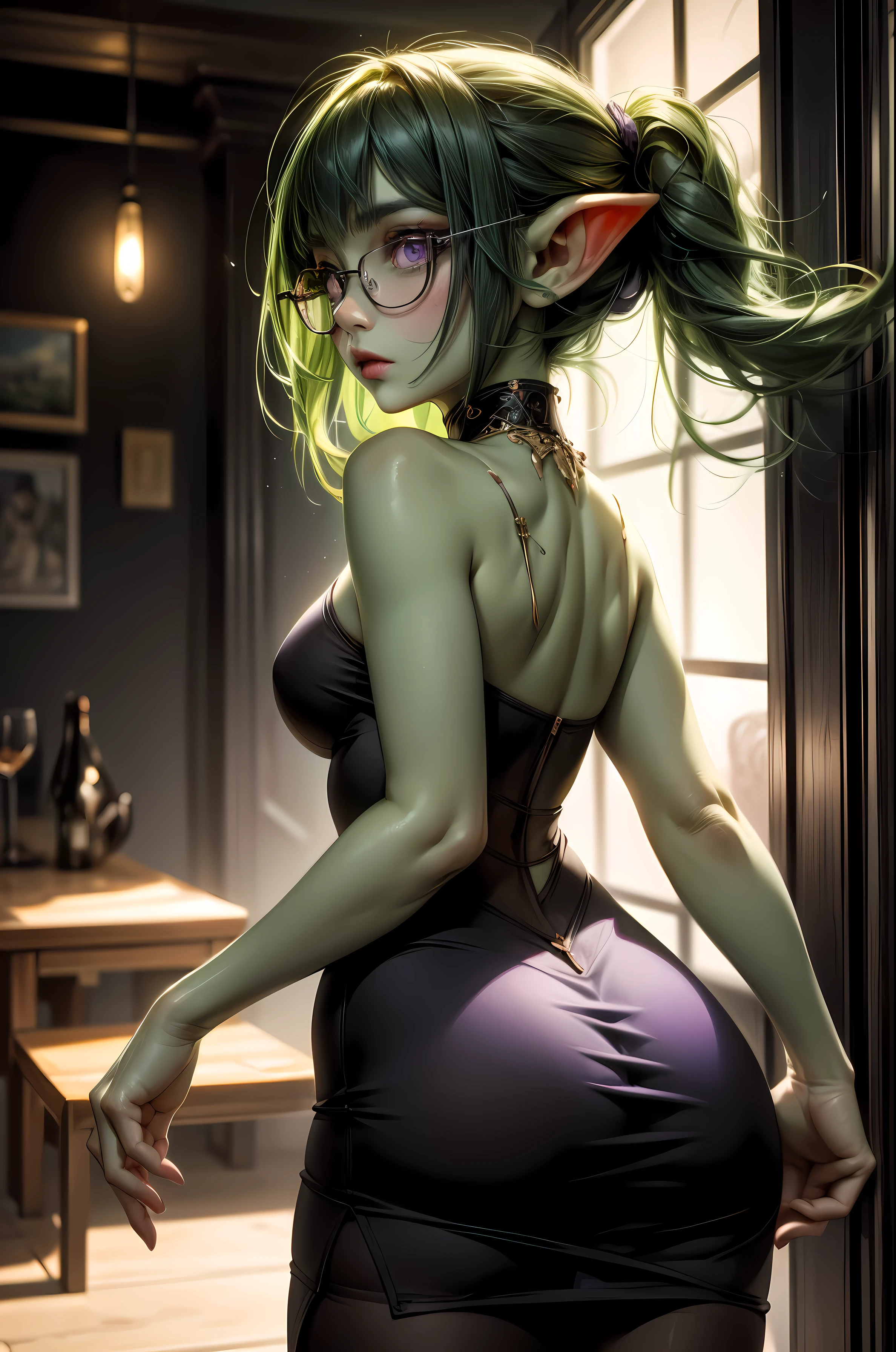 Masterpiece, absurdrez, amazing detail, 4k, perfect face, 3 foot tall green goblin girl, wearing purple cotton dress, black purse, black silk pantyhose and black pumps, very shy, black glasses, (green skin), small pointy ears, short green hair, purple eyes, exploring a fine art museum, admiring painting on the wall, curious and fascinated, pov from side, looking away from camera, dynamic pose, cinematic lighting