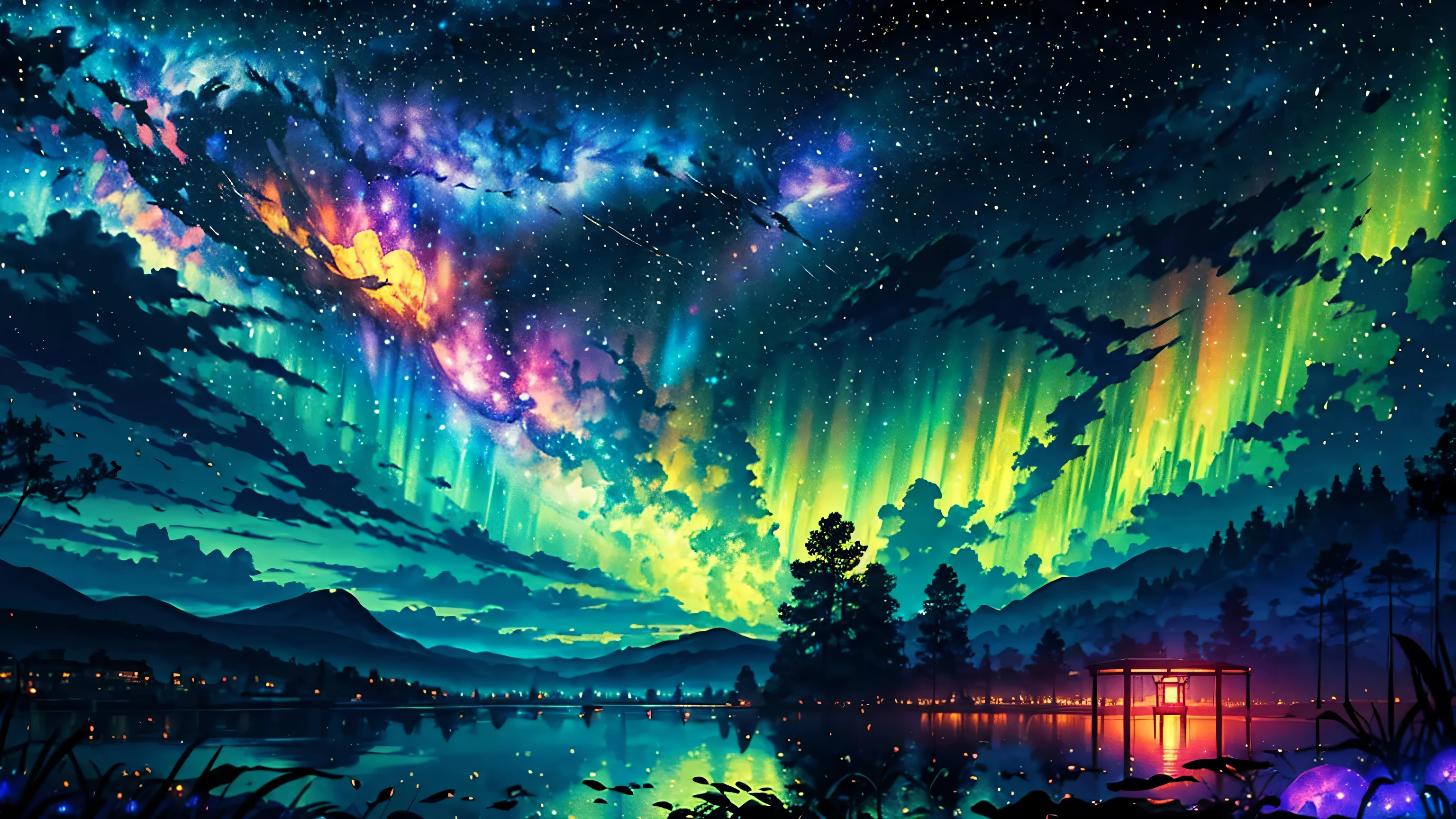 Wide Landscape Photos, (Looking from the bottom up, The sky is above, There is open space below), (Full Moon: 1.2), (meteor: 0.9), (nebula: 1.3), Distant Mountains , The tree,Handmade art, (暖lamp: 1.2), (firefly: 1.2), lamp, Lots of purple and orange, Intricate details, Volumetric lighting BREAK (masterpiece: 1.2), (best quality), 4K, Extremely detailed, (Dynamic Combination: 1.4), Rich in details,rich and colorful, (Rainbow Colors: 1.2), (glow, Ambient Lighting), Like a dream, magic, (solitary: 1.2)
