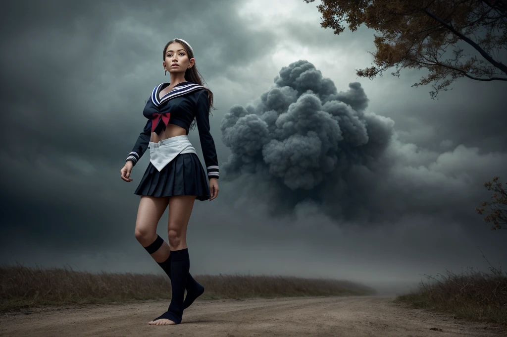 (YES SFW:1.5), [(Japanese-style school，the cherry trees：1. Mature elven beauty，standing on your feet，a sailor suit）， tmasterpiece， best qualtiy， RAW photogr， realisticlying， Incredibly Ridiculous res，Elf long ears， ear studs，hair pin， (Long flowing hair in silver and black：1.9)，eye shadows，(a sailor suit)，eardrop，foot ring，short  skirt，(Black sport socks)（Black half-knee socks)，(Loafer shoes)，two longer legs，depth of fields， A high resolution， ultra - detailed， filigree， RAWE is very detailed， very detailed eyes and faces， Sharp pupils， realistic pupil， tack sharp focus， cinmatic lighting，full bodyesbian，Bigboobs，long leges，From the front side，dynamicposes，Normal posture，closeup of face], Draw hands and feet separately)、very beautiful、Ideal proportions、bra, small breasts、Very stylish、barefoot、(Anguished expression:1.4)、looking at the camera、Color palette harmonious、 Sublime anger、aesthetic Perfection、aggressive eyes、filth pure、Features flawless 、 nightmare、sophisticated Style、timeless Elegance、excellent details、exquisite craftsmanship、meticulous attention to detail、Proportions sublime、artistic Excellence、living work of art、otherworldly charm、Setting of a fairytale、Look unforgettable、majestic Presence、natural body, Smoke and clouds roil around warrior, adding to the sense of epic scale and drama. The lighting is dark, gloomy, realistic, creating a tense and ominous atmosphere. The perspective is from below, emphasizing the sheer majesty and power of the drahthaar warrior wolf. The character is surrounded by mist, evoking a mysterious and eerie atmosphere. The lighting is dark and atmospheric, with a red smoke adding a touch of sinister ambiance. The image is of the best quality, with a resolution of 4k and HDR enhancement, showcasing the utmost level of detail and realism, sfw. 