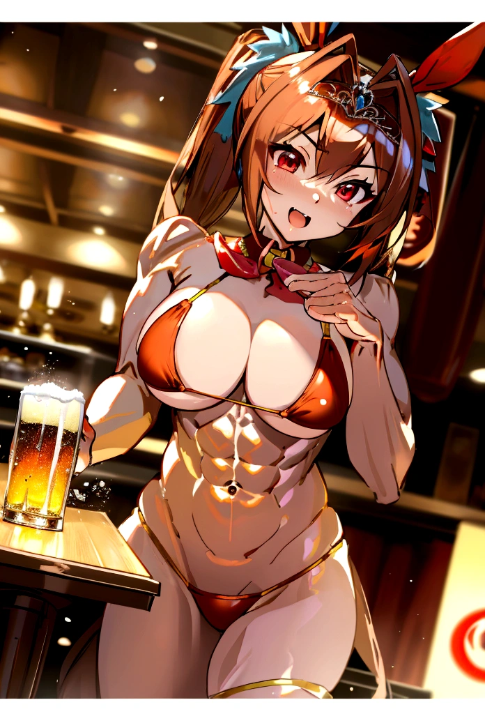 Daiwa Scarlet \(umamusume\), ((Abdominal muscles)), ((Muscular body)),Brown Hair, Hair intake, Red eyes, length, Smooth Pigtails, (Red Micro Bikini), Horse tail, (非常にdetailedな), Large Breasts、Super big breasts、Beautiful breasts、(unity 16k wallpaper, masterpiece, Highest quality, Ultra-detailed, Extremely detailed CG, Caustics, Cinema Lighting, detailed, Beautiful detailed Eyes, alone), Ultra-high resolution, Fine skin、sexy,curve,Huge breasts、Playboy Bunny, Bunny girl、sexyなBunny girl、casino,drinking beer、Beautiful breasts、drinking、cheers、Banquet、Drinking beer happily,Reddish brown hair,Twin tails、大きなTwin tails,Cowboy Shot,Red eyes,Squat, masterpiece,Highest quality, fine grain, Official Art, smile, Restaurant、Swallow shop, Open your mouth, frontage、The double tooth is visible