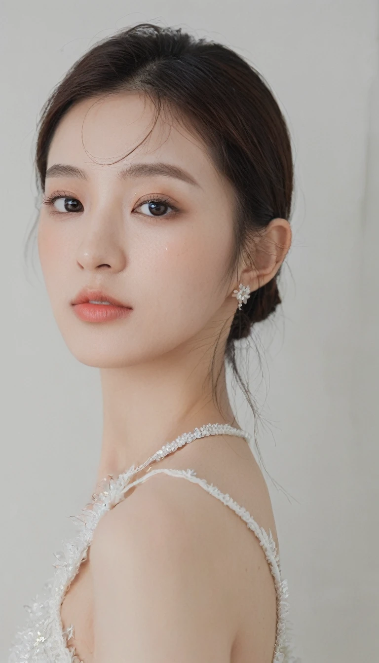 xxmixgirl, Analog Style, Eye focus, Highest quality, (Very detailed skin), Exquisitely beautiful white skin photos, 21 years old, Upper Body、Perfect Face, Captivating eyes, (Seductive makeup: 1.3), Skin pores, (Bokeh:1.5), Sharp focus, Dappled Lighting, (Backlight), Film Grain, (Very detailed, Exquisitely crafted), 8K, High resolution, Front view, Studio Light, Very detailed顔, Fine grain, (double eyelid: 1.4), Aristogle, Brown eyes, (commercial: 1.6), (Seductive makeup), ((White studio background: 2))