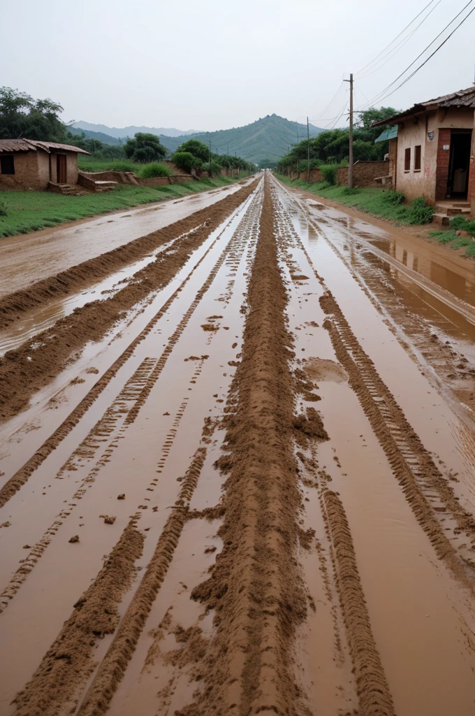A muddy road in village where vechile are broke down