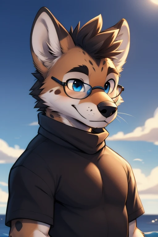 turtleneck, glasses, (by zackary911, by braeburned, by haps), male,hyena,anthro,kemono,cap, deep blue eyes,