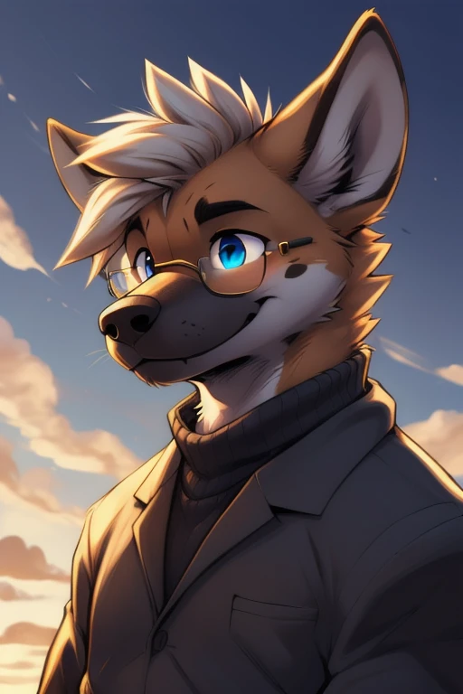 turtleneck, glasses, (by zackary911, by braeburned, by haps), male,hyena,anthro,kemono,cap, deep blue eyes,