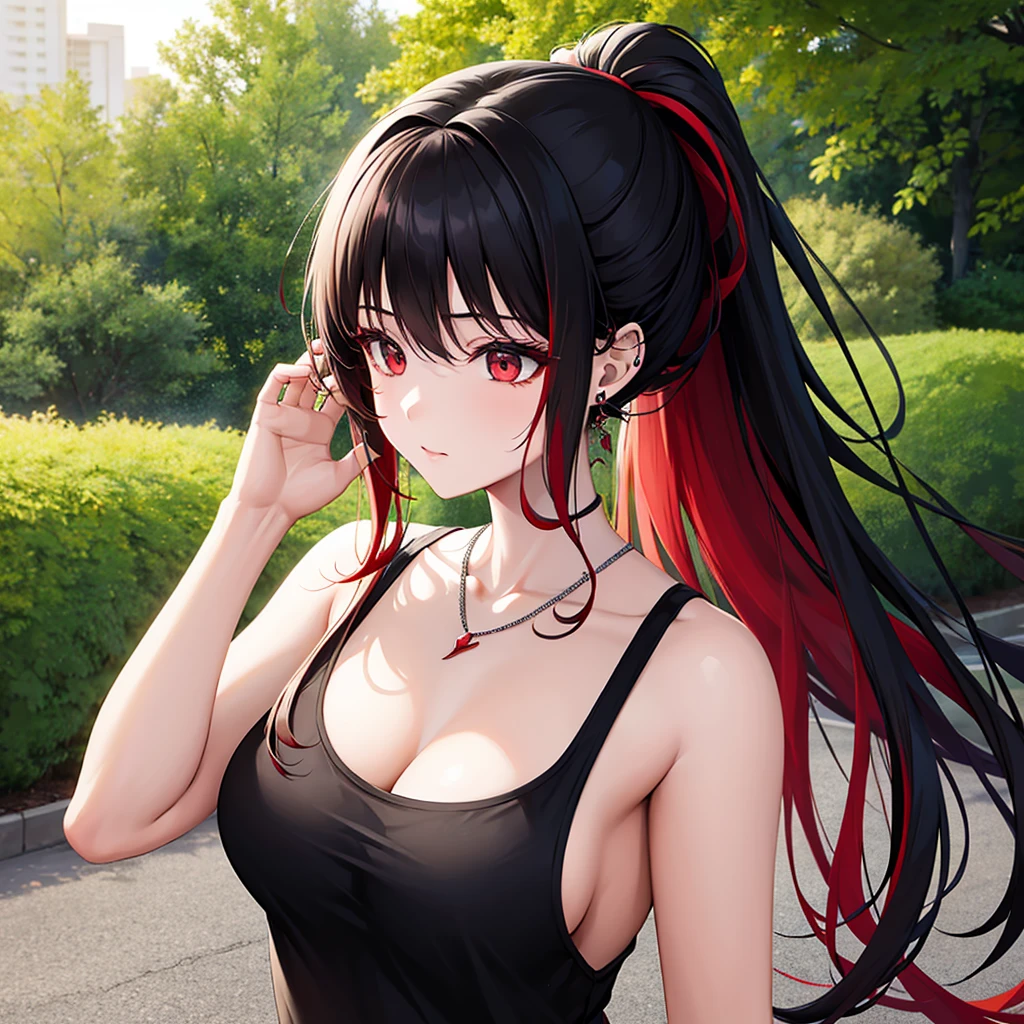 anime panel, upper body , 1girl, Korean, long black curly hair with red highlights, red, slanted eyes, casual clothes, black tank top, ear piercing, necklace, hair illuminated by sunlight, park background, tying your hair in a ponytail