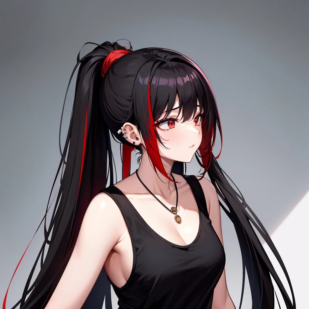 anime panel, upper body , 1girl, Korean, long black curly hair with red highlights, red, slanted eyes, casual clothes, black tank top, ear piercing, necklace, hair illuminated by sunlight, park background, tying your hair in a ponytail