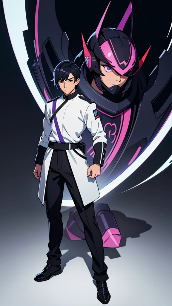 anime, anime style art, masterpiece, best quality, highres, 1 man, Baro Shoei blue lock, black hair, short hair, teenager, colorful hair, light background, full body, teenager, colorful parts, bold, realistic mixing dark lines and loose lines, bold lines, on paper, human man, purple eyes, full body, imposing pose, very tall, stylish outfit, dark theme, standing, male, sharp chin, wide jaw, white background, defined eyes, ultra detail eyes, very muscular ,broad shoulders, big shoulders, black white uniform, front view, standing straight, facing towards, looking straight, looking forward, full face, clean eyes, detailed eyes, hyper realistic eyes, masculine, oval face, calm, humble, man, male, masculine, full body uniform, clear face, detailed face