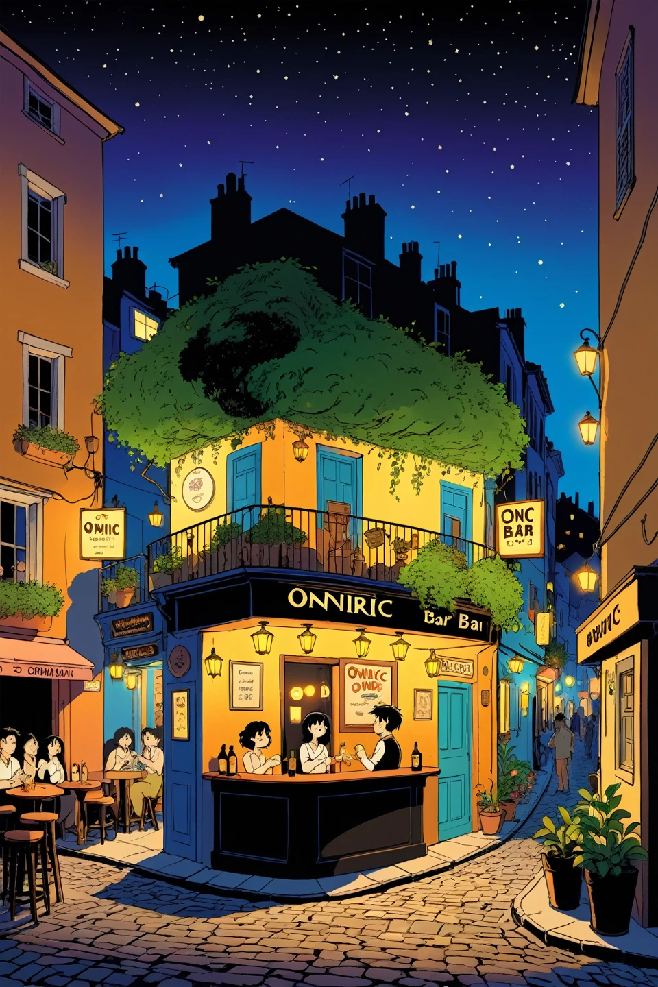 oniric bar, black night at montmartre, crowdy street, full crowd in terrasses bar of Paris, friend zone, after work,  ghibli style, paprika style, a guy singing in a corner, 2 girls flirting, comic strips,multi views, vegetation, hausmann architecture, intricate,illustration, highly detailed