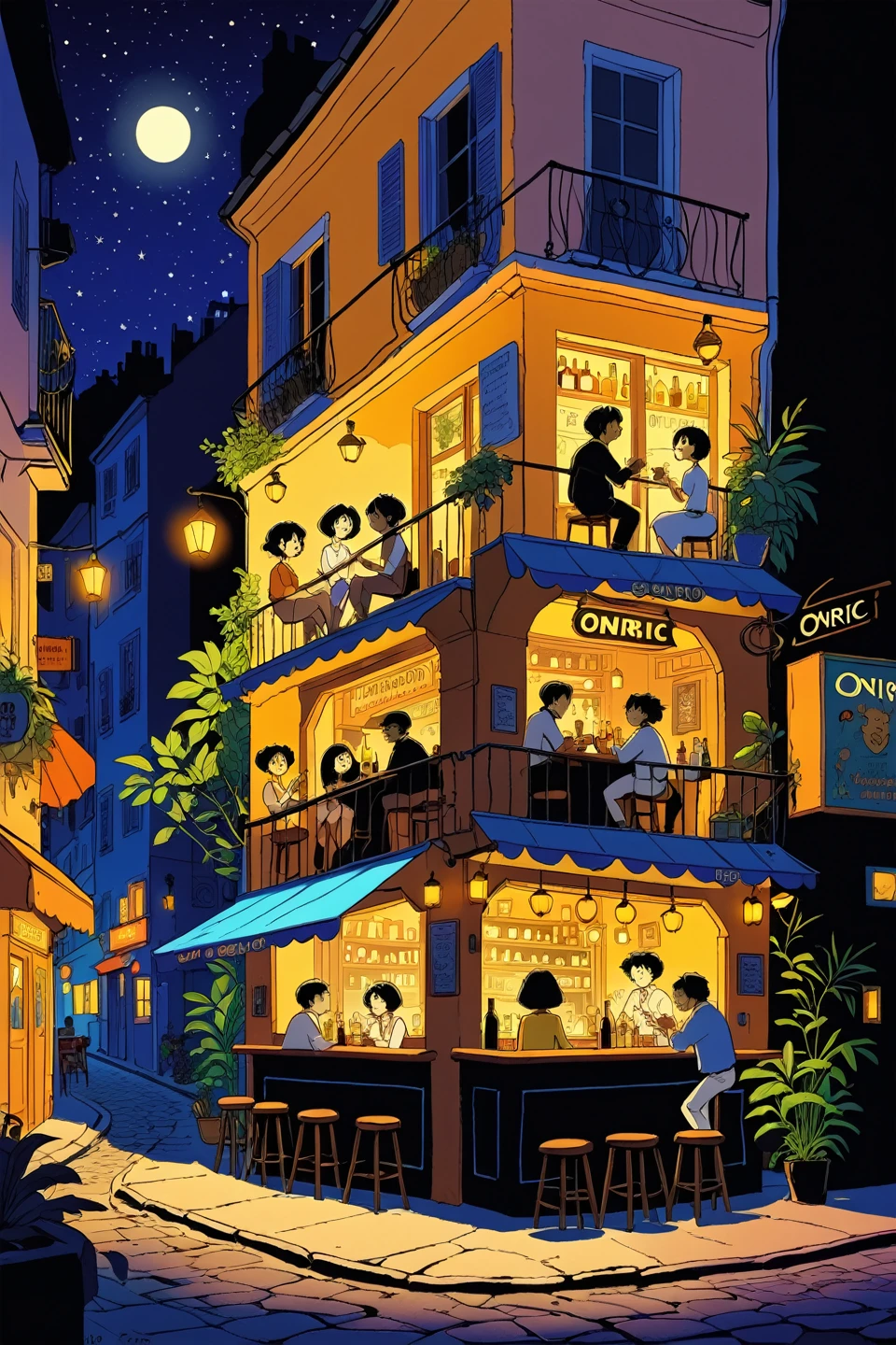 oniric bar, black night at montmartre, crowdy street, full crowd in terrasses bar of Paris, friend zone, after work, ghibli style, paprika style, a guy singing in a corner, 2 girls flirting, comic strips,multi views, vegetation, hausmann architecture, intricate,illustration, highly detailed