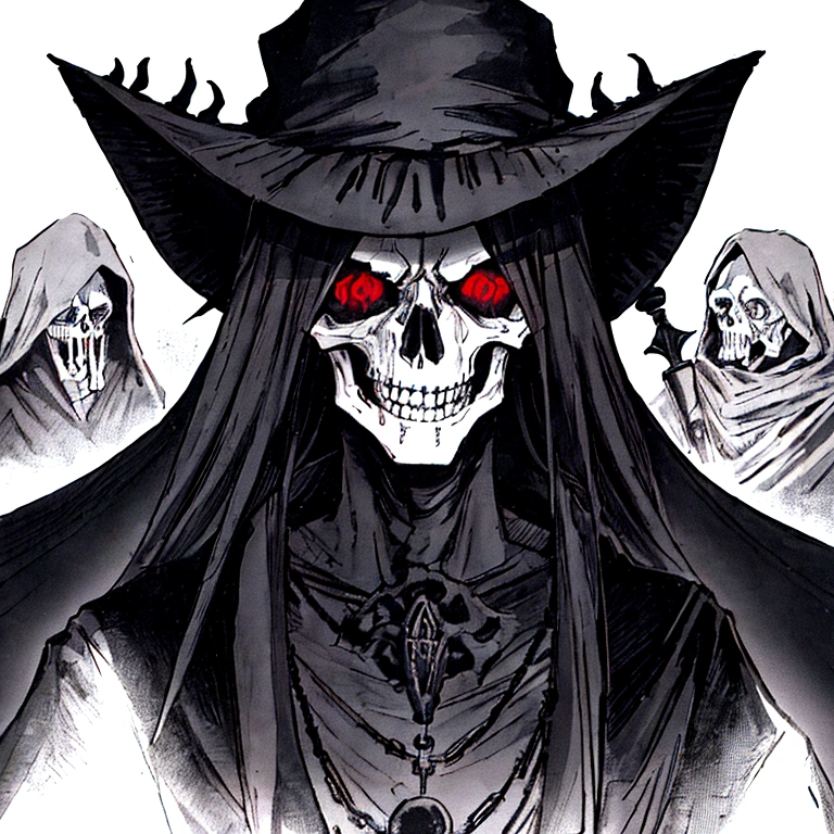 Once upon a time, in a dark and mysterious kingdom, where lost souls roamed restlessly, there was a fearsome being known as the Dark Reaper. This being was a male god of death, a skeleton covered by a black hood that hid its face, except for his scary skull.
The Reaper was known for his ability to manipulate the forces of death. He possessed a powerful artifact called the Portrait of the Old Necromancer, which gave him the ability to control the undead and dominate wandering souls. With her black dress and flowing bathrobe, he roamed the kingdom, bringing fear and dread wherever he went.