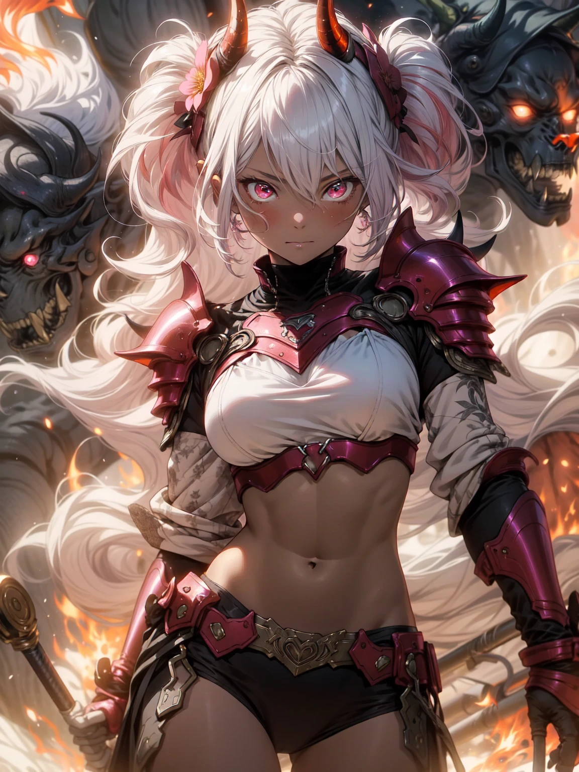 Be realistic,(masterpiece,highest quality,highest quality,very detailed,Fractal Art,Most detailed,(flower field background:1.5)(1 girl),Kamimei,(pink hair two tails),(Red eyes glow、big 、Toned abs,Stunned),Abyssal stock、Crystallization,比基尼、sexly、Pink Machine Armor、sunburned skin、Demon Horn、Berserk , (Burning white flame:1.4)