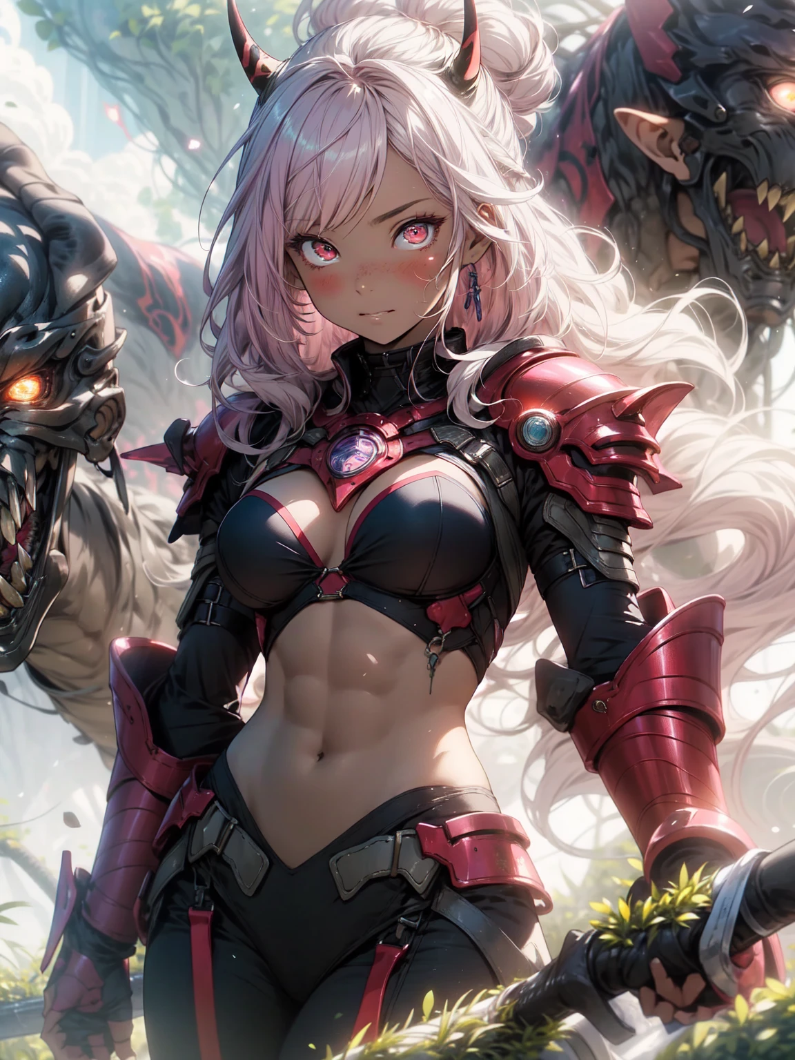 Be realistic,(masterpiece,Highest quality,Highest quality,Very detailed,Fractal Art,Most detailed,(Flower field background:1.5)(1 Girl),Kamimei,(Pink hair twintails),(Red eyes glow、Big Breasts、Toned Abs,Stunned),Abyss Stick、crystallization,bikini、Sexy、Pink Machine Armor、Sunburned skin、Demon Horn、Berserk , (Burning white flame:1.4)