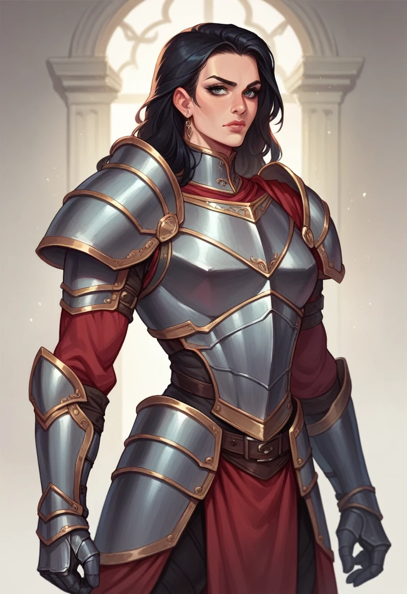 Beautiful woman with a tall figure,Wearing armor,Black hair super realistic、Rich in details