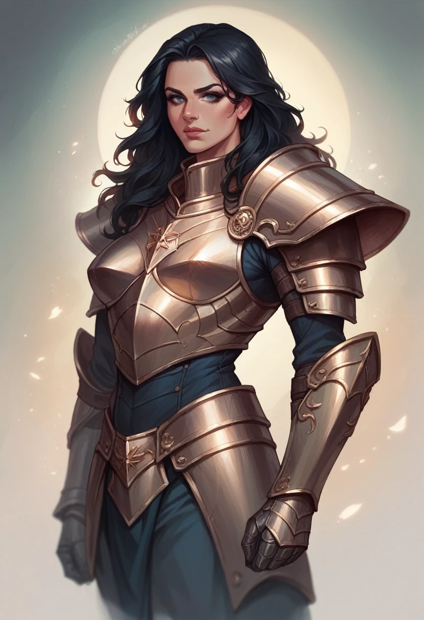 Beautiful woman with a tall figure,Wearing armor,Black hair super realistic、Rich in details
