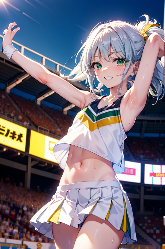 index, index,Silver Hair, (Green Eyes:1.5),Long Hair, (Flat Chest:1.2),Grin,tooth,Daytime,sunny,
,(cheer leading), (whole body), Lower, (Sweaty), Sweaty Wet Clothes, (White clothes),Sleeveless, Pleated skirt,Black socks,sneakers, Belly button support, playground, (Jump), (Jump), 足を曲げてJumpする, air, blue sky, Grass原, smile,Cheerleader, Pom-pom \(cheer leading\)have, Grass, smile, whole bodyがイラストに入るように,
break looking at viewer, whole body,(Cowboy Shot:1. 5) ,
break outdoors, Stadium,crowd, people々々々,A packed audience,
break (masterpiece:1.2), Highest quality, High resolution, unity 8k wallpaper, (shape:0.8), (Beautiful and beautiful eyes:1.6), Highly detailed face, Perfect lighting, Extremely detailed CG, (Perfect hands, Perfect Anatomy),