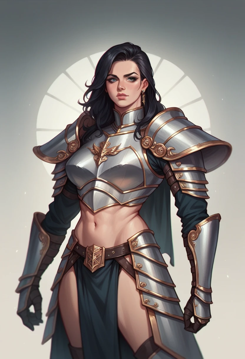 Beautiful woman with a tall figure,Wearing armor,Black hair super realistic、Rich in details