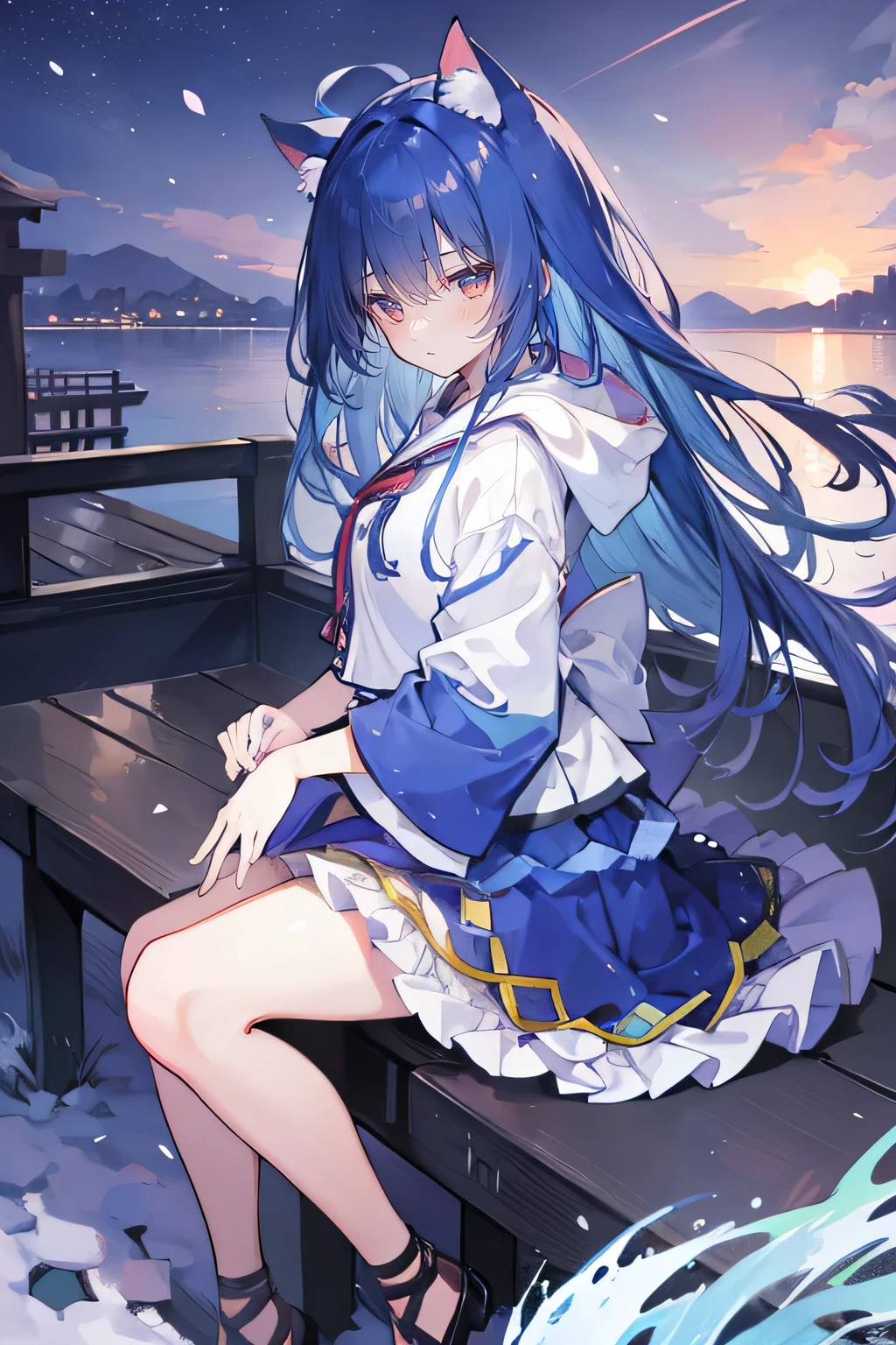（masterpiece：1.2），Super detailed，lifelike，Expressive eyes，fair skin，perfect face shape，1 girl，
Japanese comics,Gorgeous blue hair,flowing blue hair,flowing clothes,Cat ears,Petals fall,beautiful lola,Baby Angel,
Shaking head with one hand，Cross your legs，Gentle and peaceful background，The pavilion is cool and comfortable,smile, wearing hoodie, background of tokyo,back views,snowing, winter.