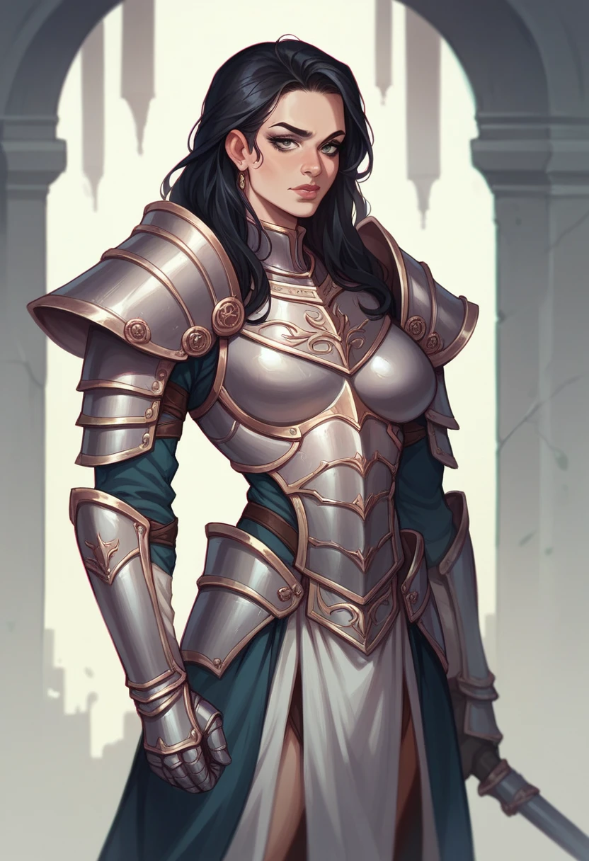 Beautiful woman with a tall figure,Wearing armor,Black hair super realistic、Rich in details