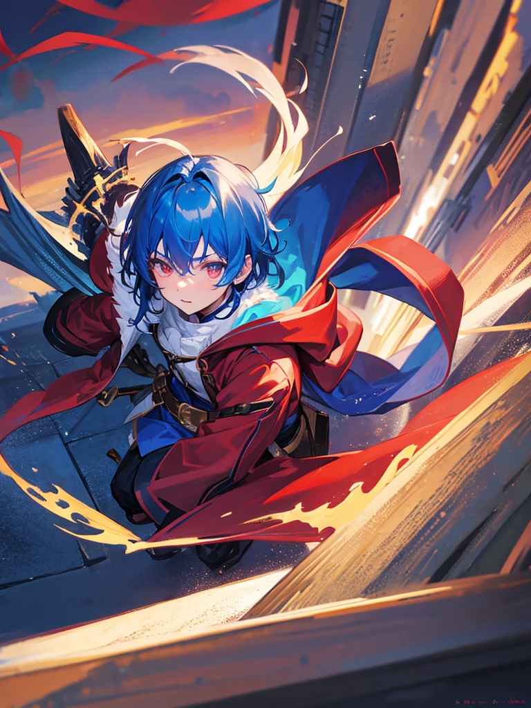 MALE Character, Boy, Blue Hair, Red Eyes, Wizard outfit, Warrior clothes, Isekai World Background