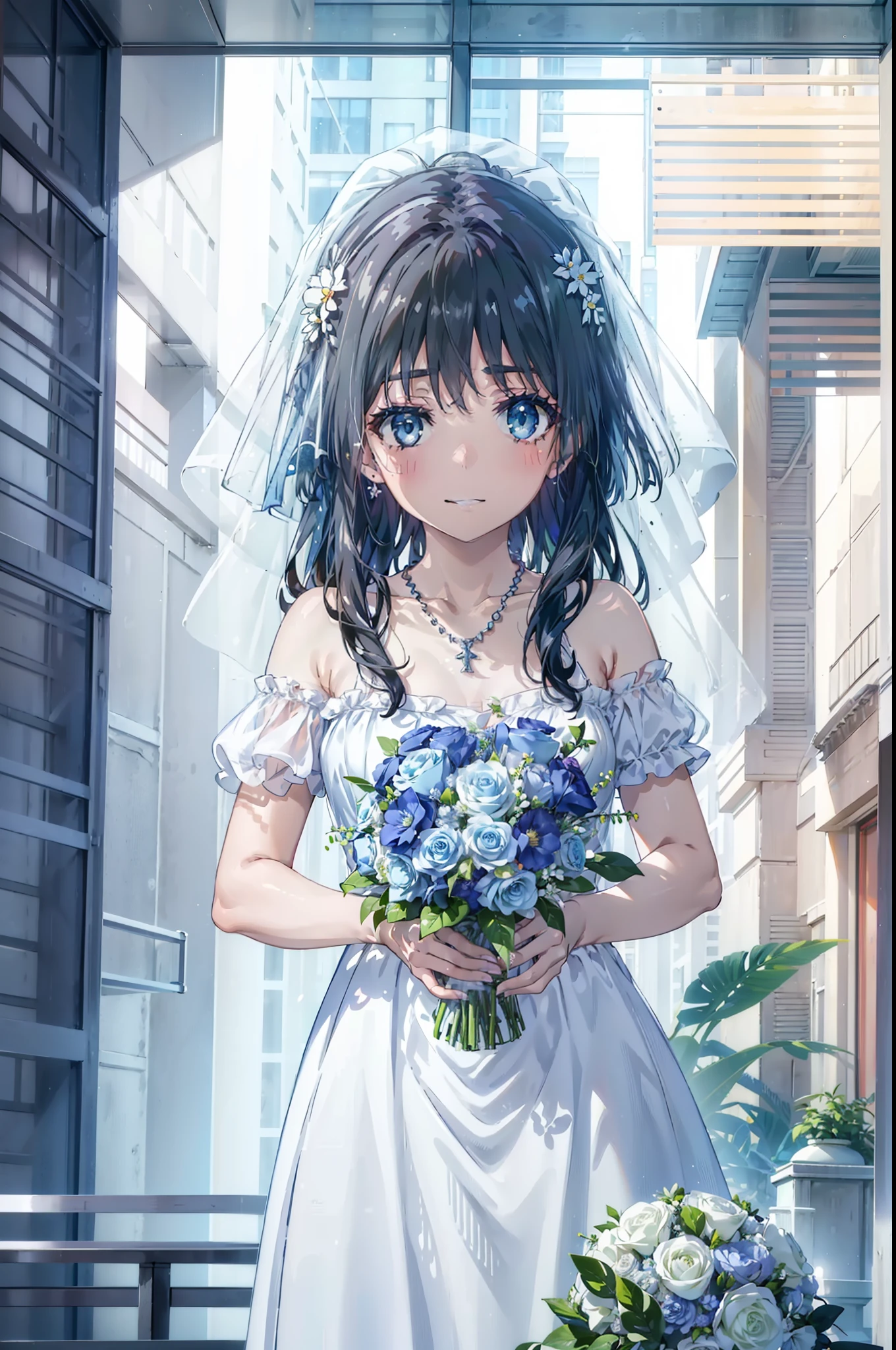 Okay, Saten Ruiko, Black Hair, blue eyes, Long Hair, hair ornaments, Floral decoration,Grin,smile,Veil,blush,Wedding dress,Off the shoulder,necklace,Wedding Skirts,Traveling with a large bouquet,Flower storm,
break indoor, Chapel,
break looking at viewer, Upper Body,whole body,(Cowboy Shot:1. 5) ,
break (masterpiece:1.2), Highest quality, High resolution, unity 8k wallpaper, (figure:0.8), (Beautiful attention to detail:1.6), Highly detailed face, Perfect lighting, Highly detailed CG, (Perfect hands, Perfect Anatomy),