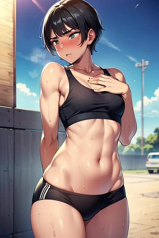 NSFW,(highest quality:1.2),(perfect beautiful face:1.2),(perfect and beautiful posture:1.2),(cowboy shot,black hair boy stands beside macho man:1.5),(short cut hair,flat chest:1.2), ((confused,embarrassed:1.3)), shyness:1.1, (Sweaty, sunburned skin:1.3), ((sweaty wet sports bra,sports Panties)), close-up of armpit, mouth open a little,(puffy nipples:0.5),navel out,outside,(night city,hands on back)