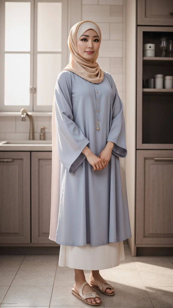 {{masterpiece, best quality, extremely detailed CG, unity 8k wallpaper, cinematic lighting, }}, Sony α7, wide frame, A Korean man crossdressing as a woman wearing perfect loose hijab, no hair seen, pastel abaya dress, and slippers standing in the kitchen with timid pose and shy expression, he is facing to the front, detailed face, detailed clothes, detailed background