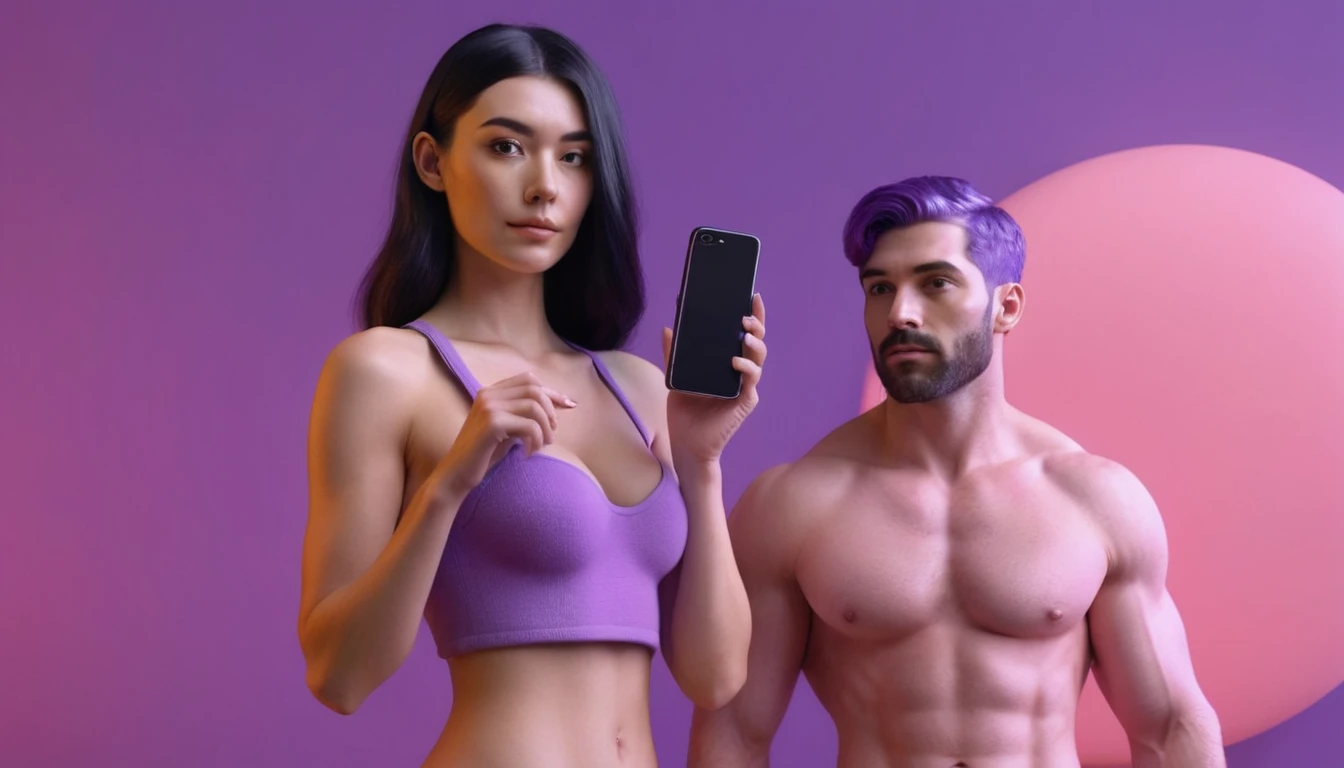 woman holds smartphone in her hand, naked european woman holding a dildo and smartphone that is glowing with pink and purple colours, in front of sporty musculin blackhair man, we can see their face close, minimalistic, in a light purple and pink style, with soft edges and blurred details, in the toycore style, with a 3D render, on a colorful background, with a minimalist stage design, in a surreal style, with a cinema4D rendering, with a minimalist style, with low saturation, using gradient colors, with a cinema4D rendering, with a blender rendering, with super detail, at a super high resolution, at a super high definition
