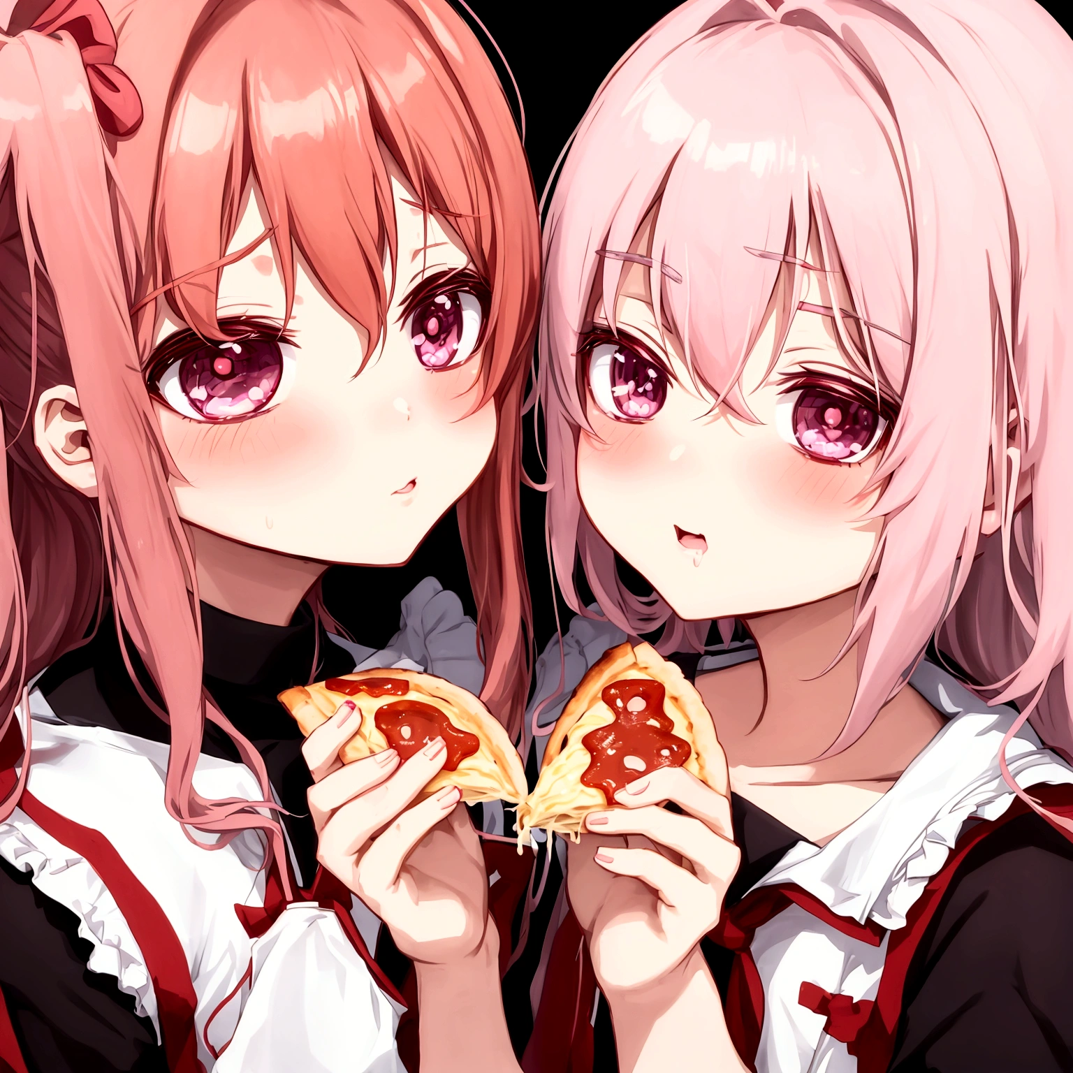 anime girl eating pizza with another girl in the background, ecchi anime style, sharing a pizza, yuruyuri, zerochan, gapmoe yandere, in anime style, red - cheeks!!, shoujo manga, close up iwakura lain, by Jin Homura, kissing together cutely, yandere, ecchi style, kinmoza!