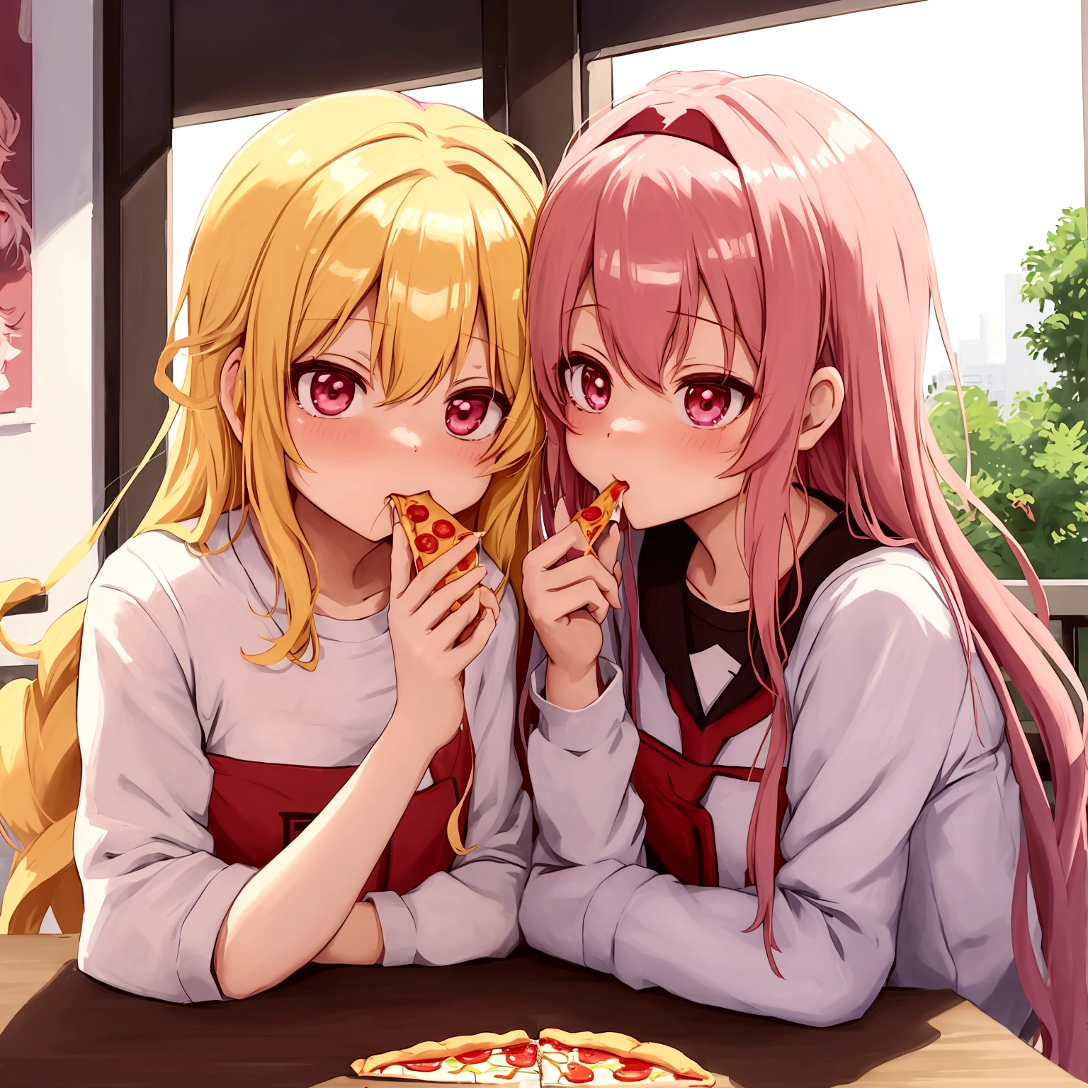 anime girl eating pizza with another girl in the background, ????? anime style, sharing a pizza, yuruyuri, zerochan, gapmoe yandere, in anime style, red - cheeks!!, shoujo manga, close up iwakura lain, by Jin Homura, kissing together cutely, yandere, ????? style, kinmoza!