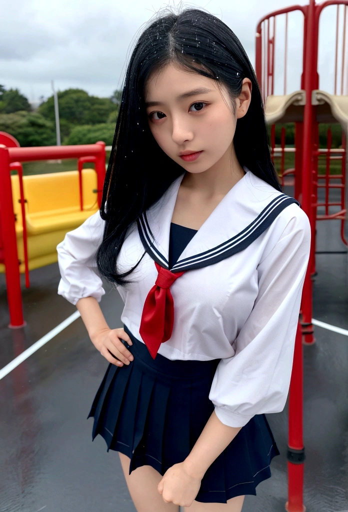 最High quality、High quality、Best picture quality、8K、最high resolution、high resolution、最High quality、performanceชิ้นเอก、raw image、whole body写真、The human body is realistic in every detail.、Realistic skin in every detail、The face is realistic in every detail.、Realistic eyes, down to the details、Lips are realistic in every detail.、The teeth are realistic in every detail.、Realistic ears down to the last detail、I am realistic down to the last detail.、Realistic arms down to the last detail、Creating every detail realistically、Realistic fingers in every detail、(good hand、thumb1refer4)、The feet are realistic in every detail.、The feet are realistic in every detail.、Realistic bust down to the last detail、Realistic areola in every detail、Realistic nipples down to the last detail、((beautiful Japan girl))、(Japan model), (Japan woman)、((Beautiful girl, 18 years old))、(black hair)、(straight hair)、(ponytail)、((whole body))、((Beautiful upturned breasts))、(Sleek and sleek、Sleek, stylish shape)、(whole body光沢肌、white skin)、Detailed and realistic human body、Realistic, detailed skin、realistic detailed face、Realistic weapon details、Realistic detailed fingers、Realistic foot details、The chest has realistic details.、((dark cold stormy weather))、((Rain showers))、((Heavy rain))、((School Playground))、sailor suit、sailor skirt、Kindergarten、high school student、Japan 、((Rain showersの中(A girl stands in the middle of the school yard.))、((It was wet and see-through.(クロップトップsailor suit、ミニsailor skirt))、((performance(Grieving、dark、groan、Tears flowing))、((Rain showersを浴びて(Moisturized skin from head to toe))、((Rainwater drips from the skin.))、((The lines of her body were clearly visible through her uniform., which was wet and clinging to her skin.))、((Rainwater dripped from the uniform.))、angle from below